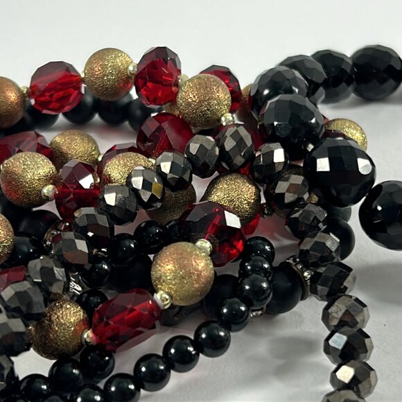 Lot 6 Stretch Bracelets Black Red Gold Beaded Layering Stacking Rhinestones - Picture 7 of 10